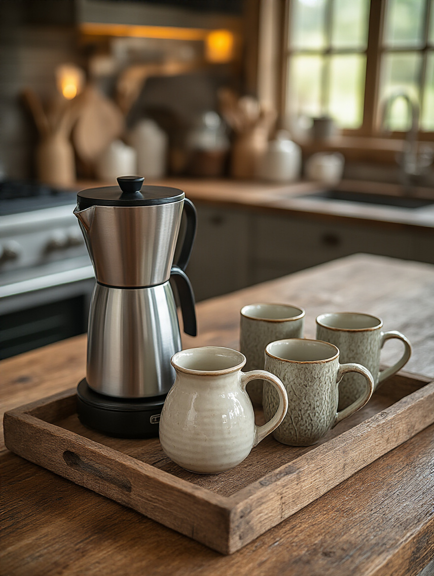 Kitchen countertop decor featuring the Rule of Three with a coffee maker, mugs, and a sugar bowl.