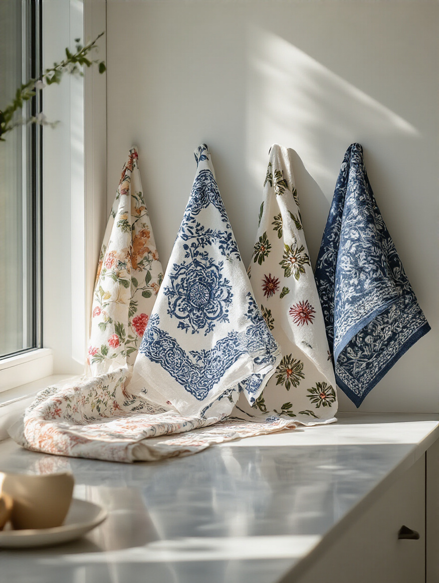 Decorative tea towels draped on a kitchen countertop, adding softness and texture.