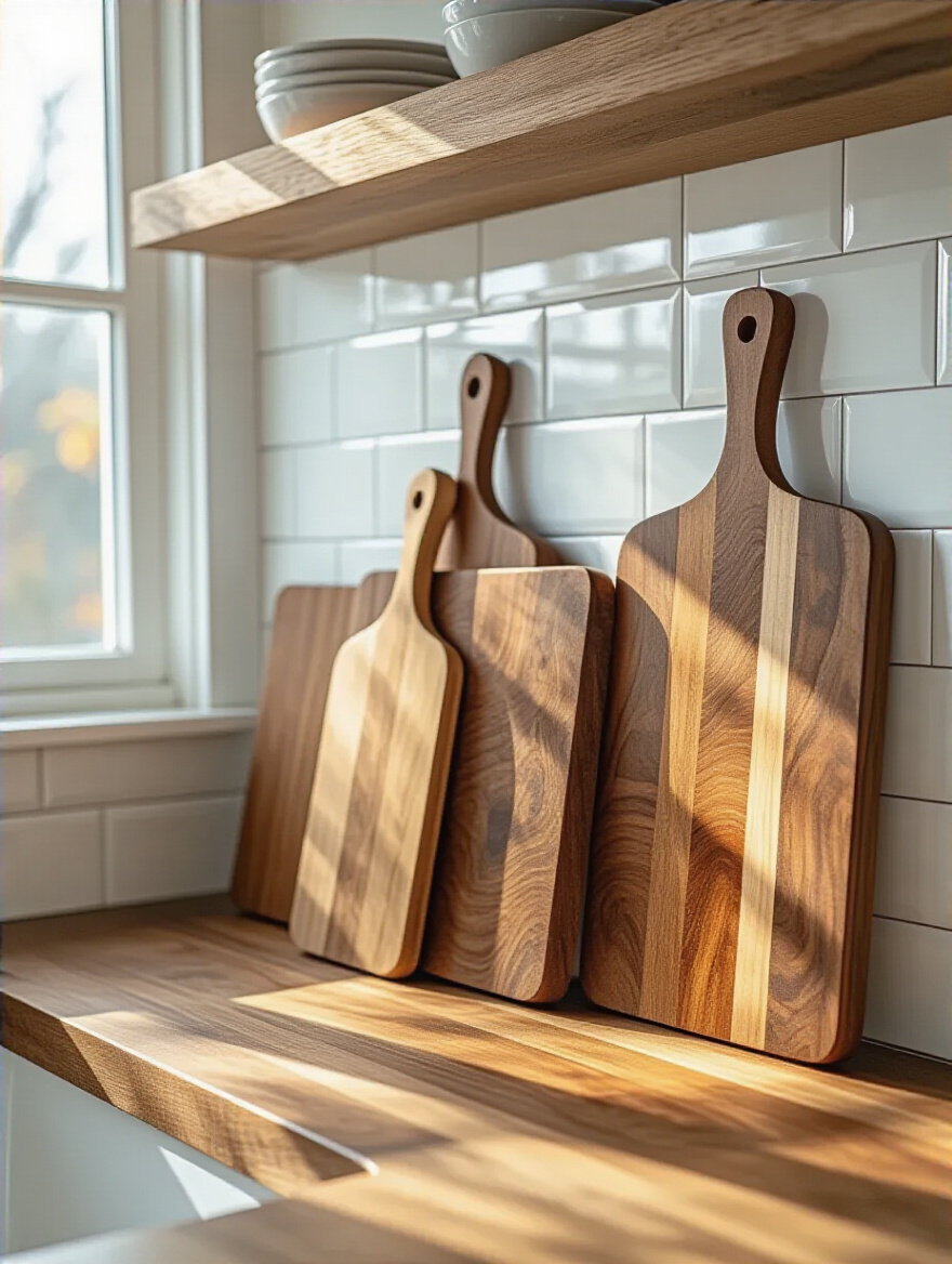 Artisanal cutting boards leaned against a kitchen backsplash for rustic decor