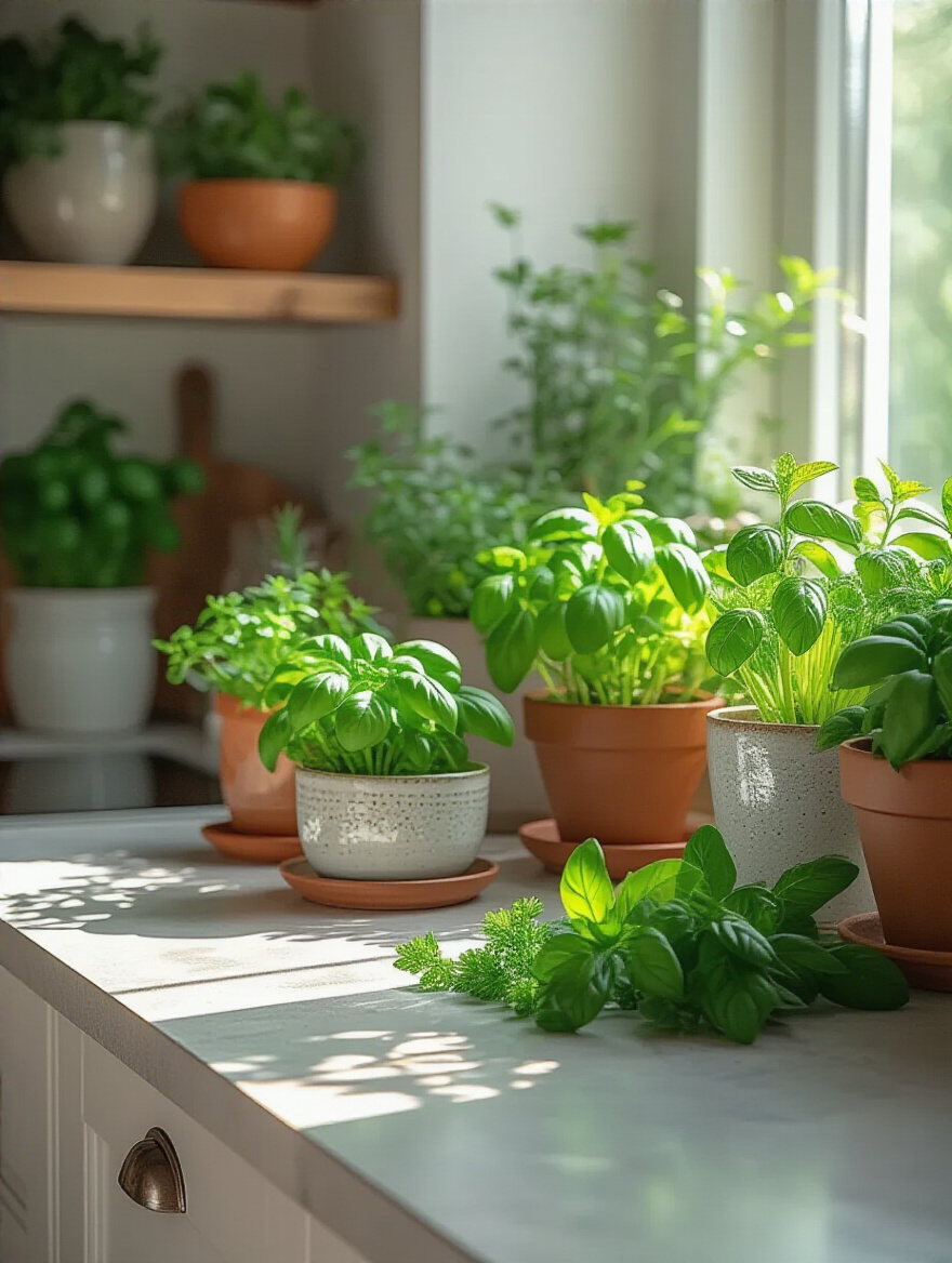 Kitchen countertop decorated with vibrant greenery and culinary herbs in ceramic pots.