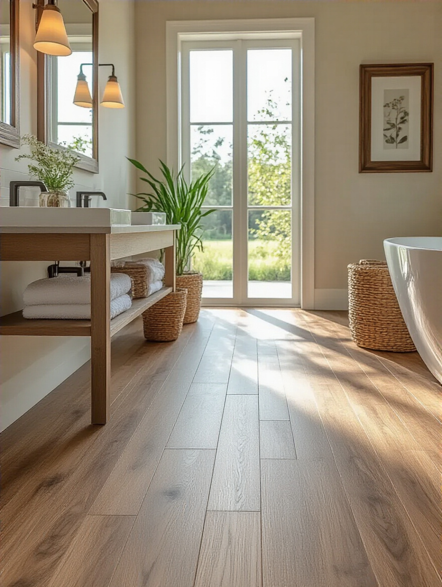 Stylish bathroom with water-resistant laminate flooring mimicking hardwood appearance