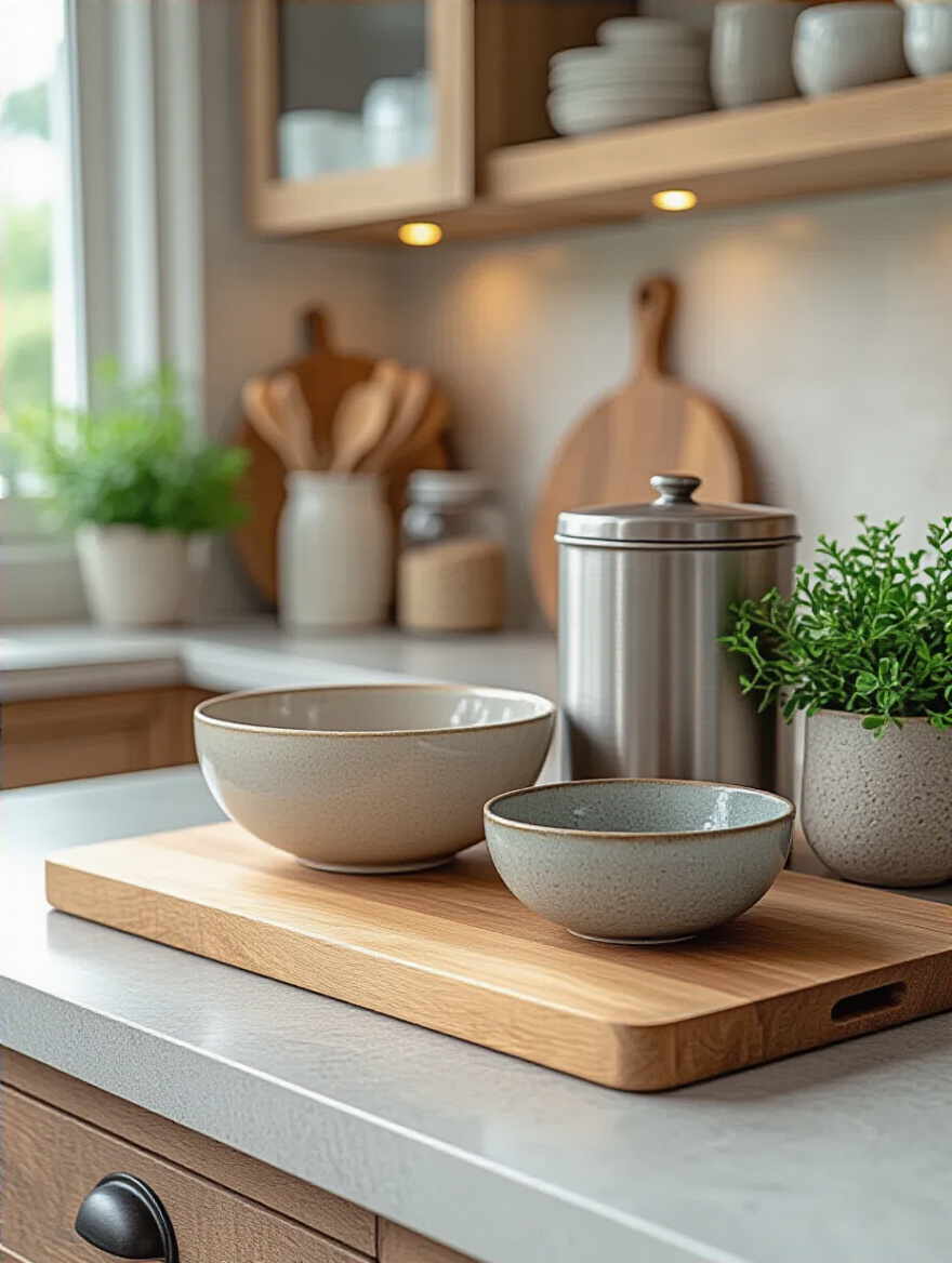 Styled kitchen countertop showcasing layered textures and materials including wood, metal, and ceramic.