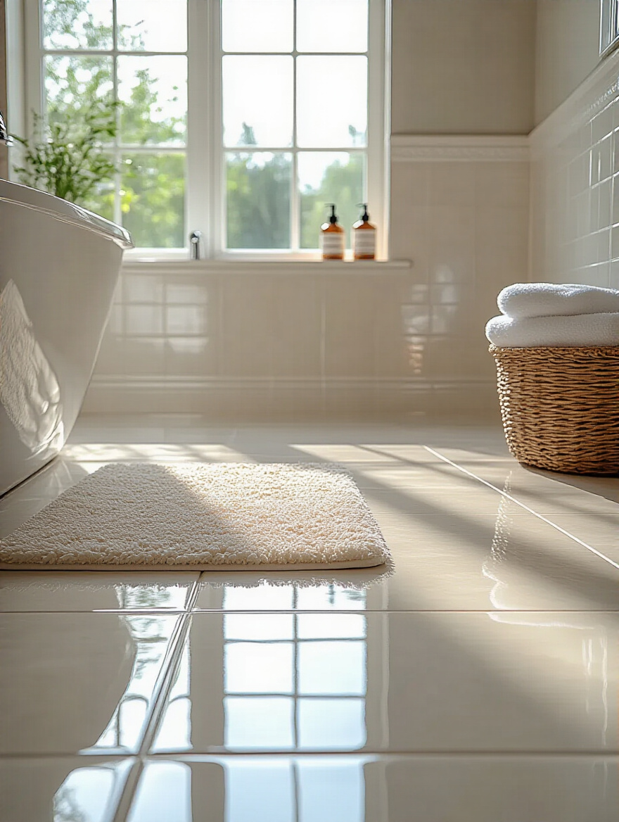 A pristine bathroom floor showcasing easy cleaning methods with ceramic tiles and a decorative bath mat.