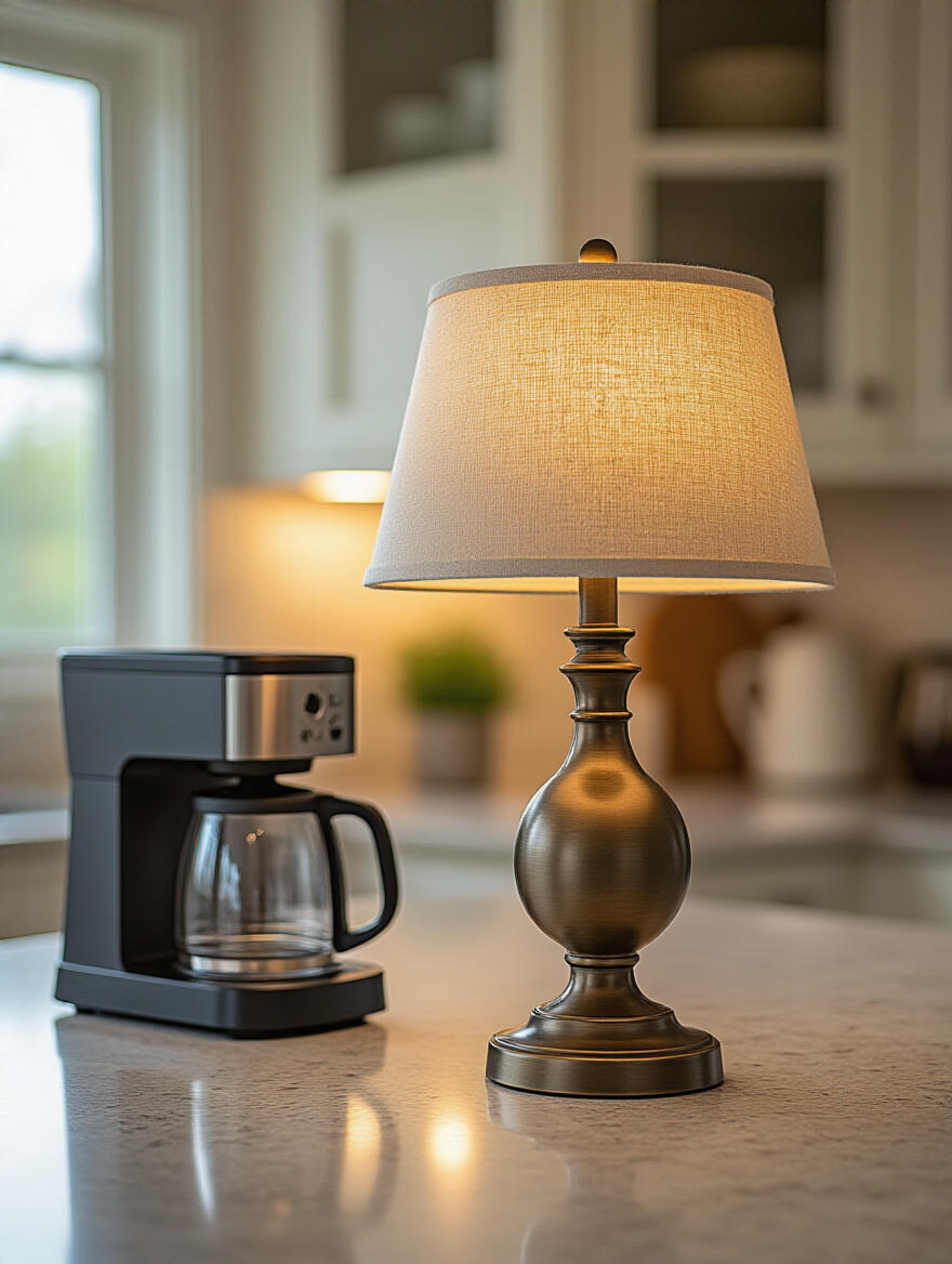 Cozy kitchen countertop with a small lamp providing warm ambient lighting.