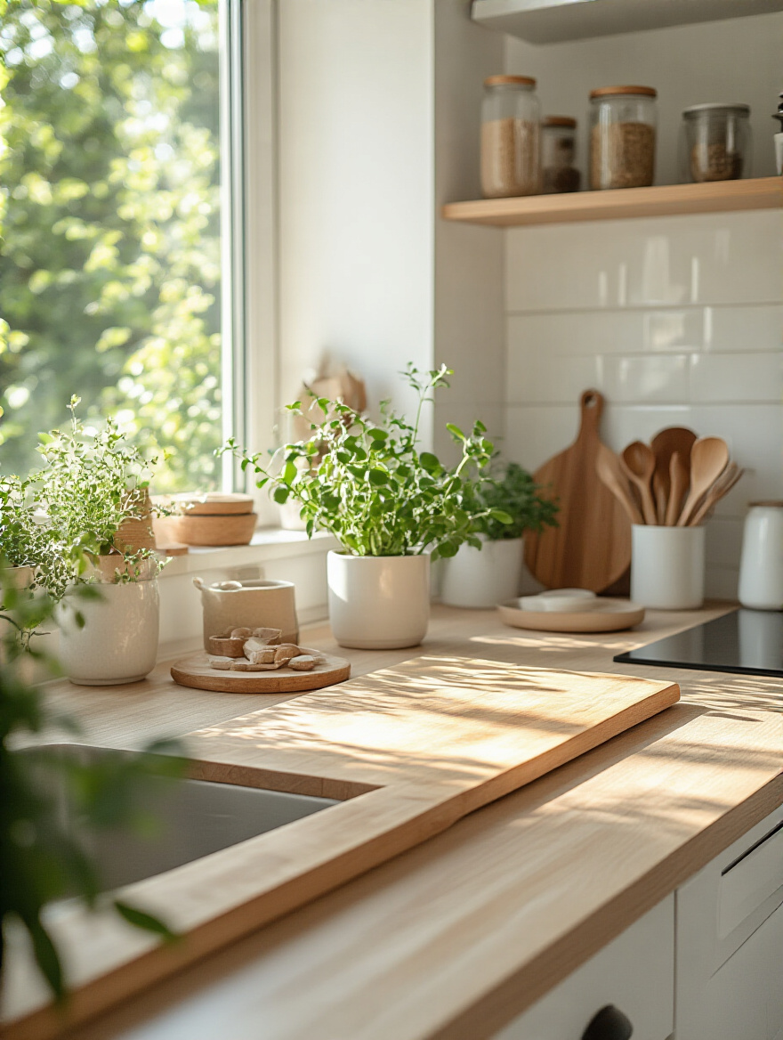 Decluttered kitchen countertop showcasing minimal essential items and a clean aesthetic.