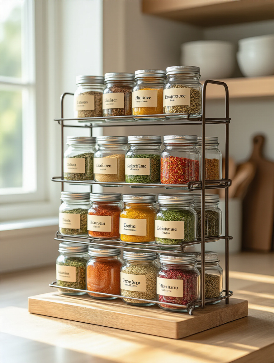 Organized spice rack with glass jars and clear labels in a modern kitchen setting