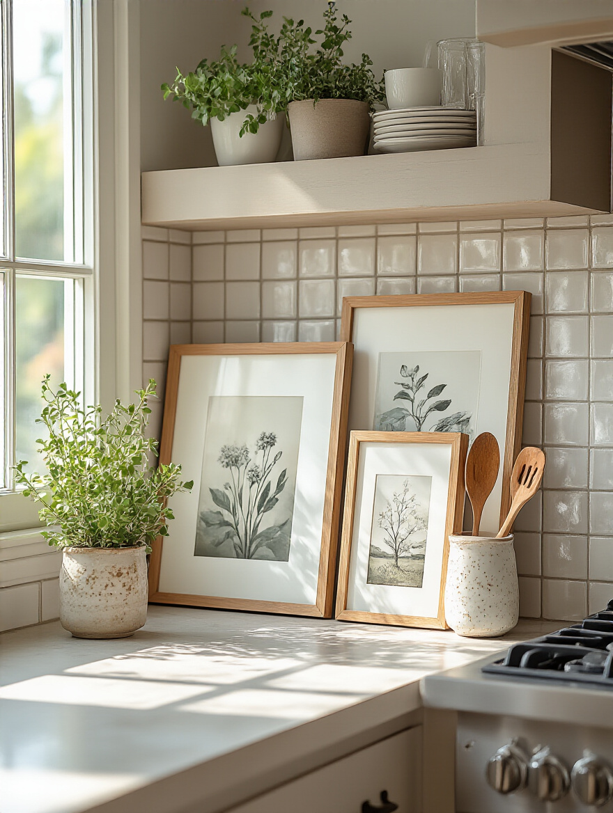 Stylish kitchen countertop with small scale art and framed prints