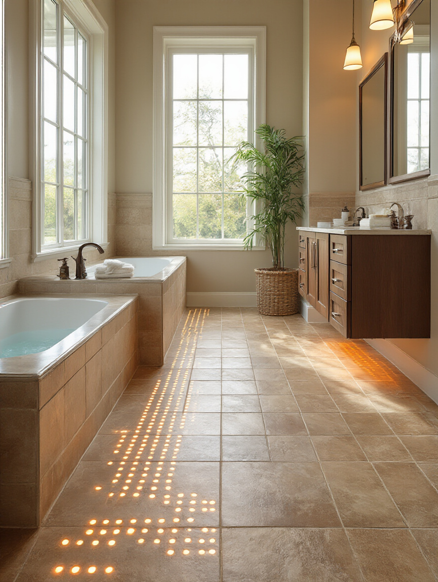 Luxurious bathroom with underfloor radiant heating system
