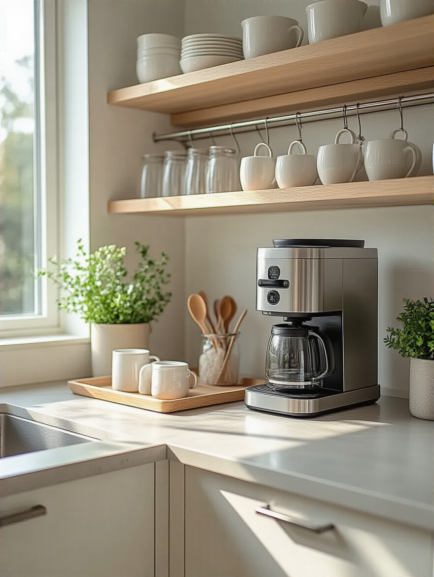 Organized kitchen countertop with a coffee station and minimal decorative clutter