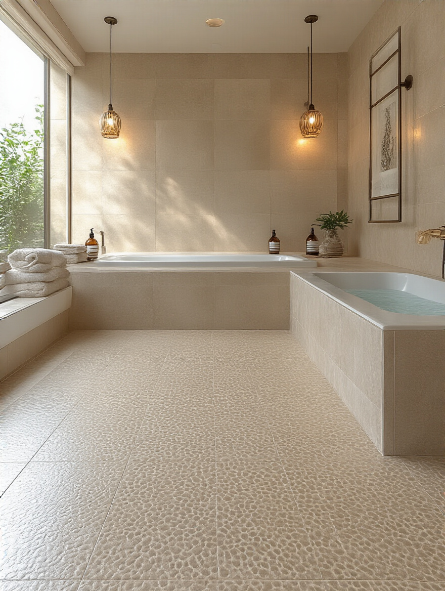 A stylish bathroom showcasing slip-resistant flooring with textured tiles and modern design.