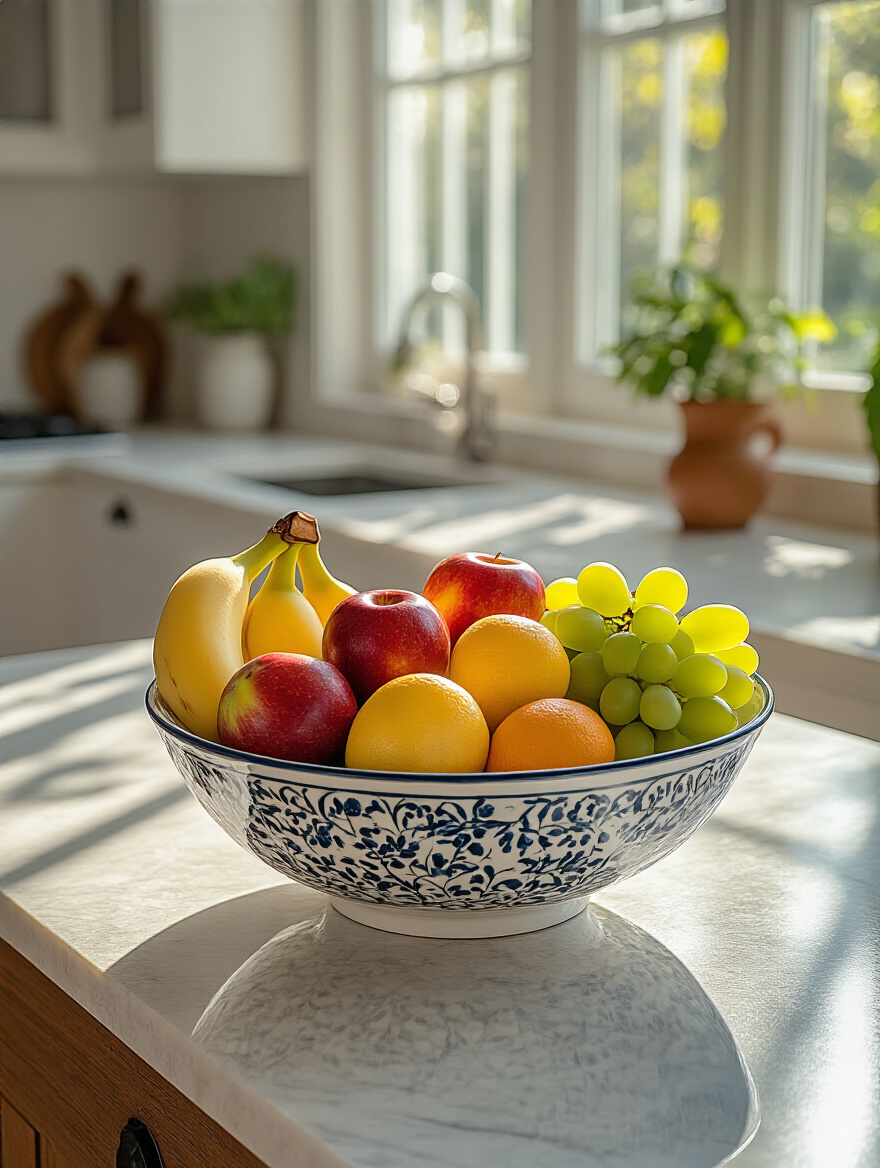 Elegant statement fruit bowl filled with fresh produce on a stylish kitchen countertop