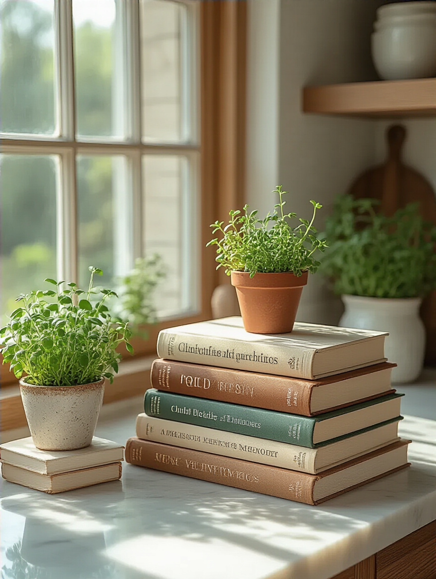 Styled kitchen countertop featuring cookbooks as decorative elements