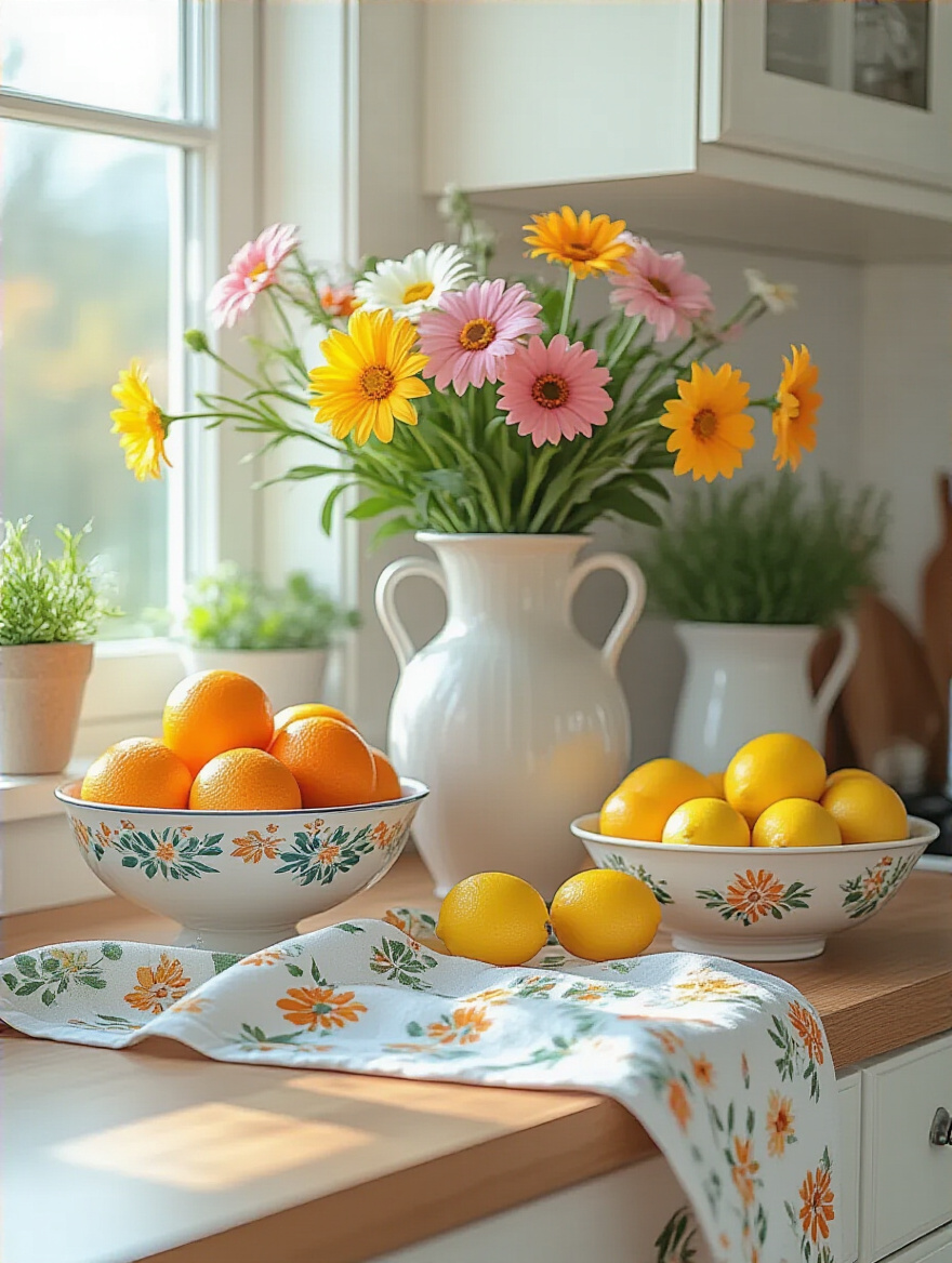 Seasonal kitchen countertop decor featuring spring flowers and fresh fruits