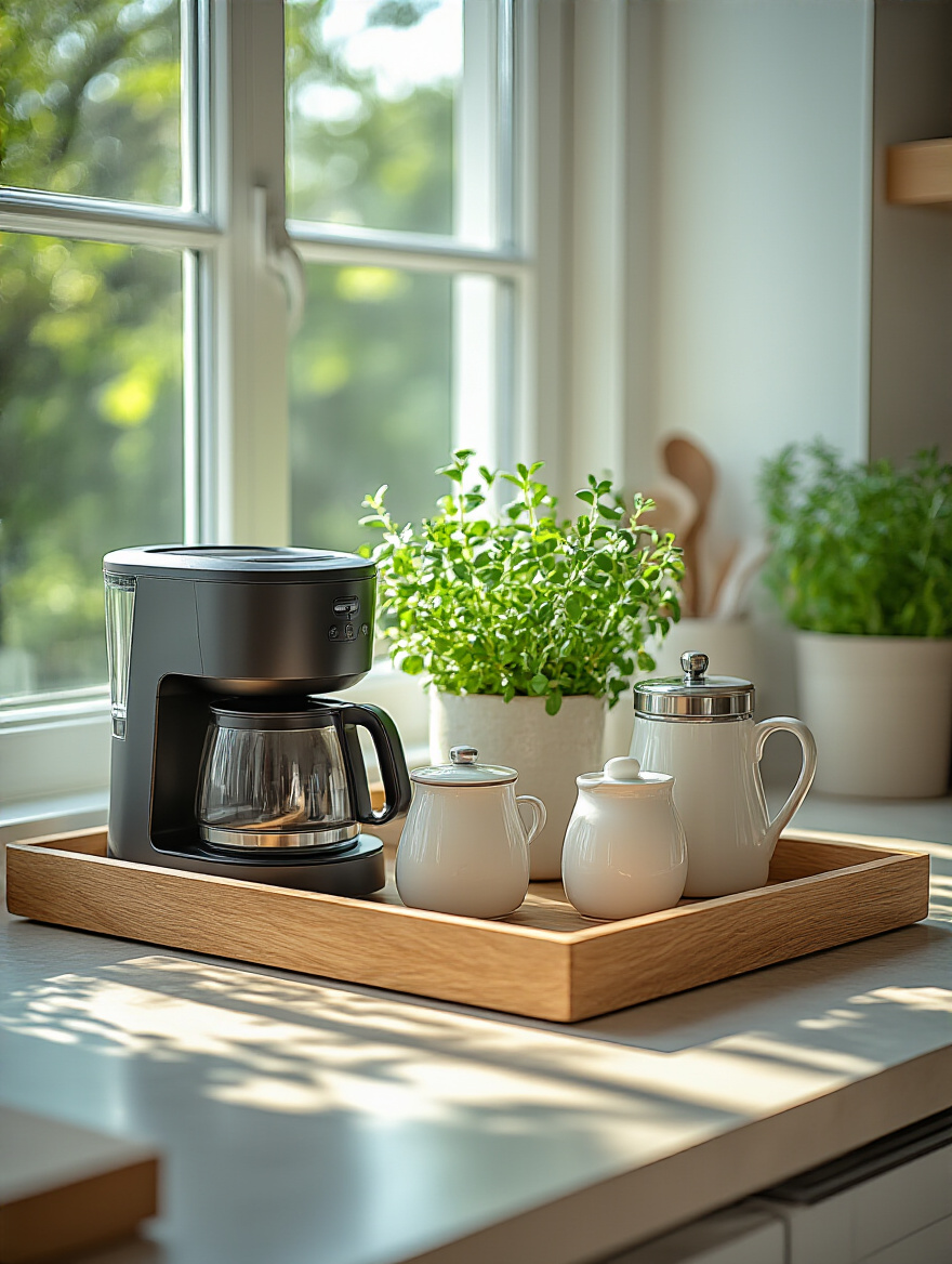 Decorative wooden tray on a kitchen countertop with coffee essentials