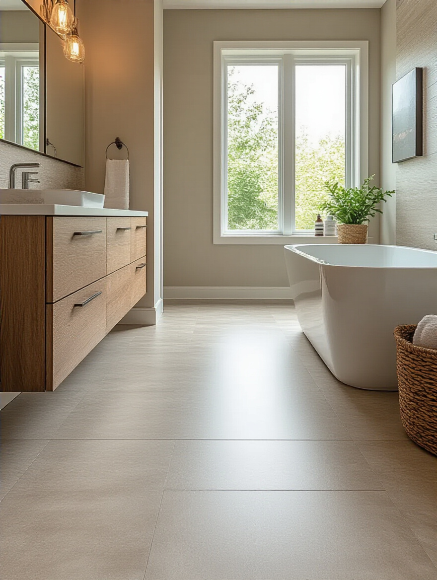 Modern bathroom with seamless sheet vinyl flooring, showcasing water protection features.